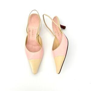 Vintage Chanel Pastel Pink Cap Toe Slingback Kitten Heel Pointed Toe Pumps 36